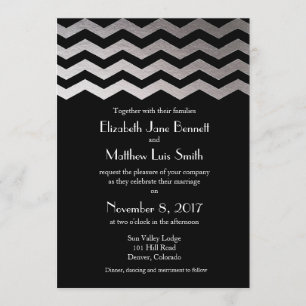 Bilingual Silver Night Chevron Wedding Invitation Kaart