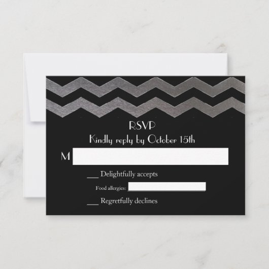Bilingual SIlver Night Chevron Wedding RSVP Kaartje (Voorkant)