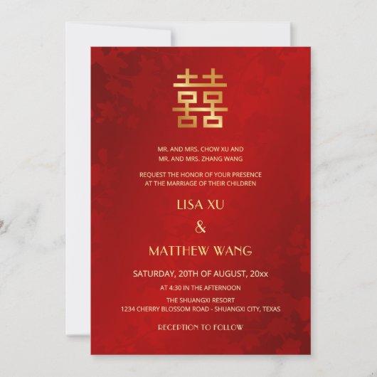 Bilingual | Simple Red Gold Chinese Wedding Kaart (Voorkant)