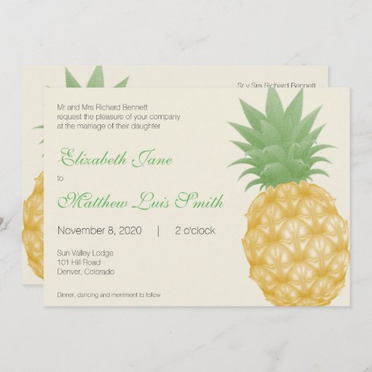 Bilingual Tropical Pineapple Wedding Invitation Kaart (Voorkant / Achterkant)