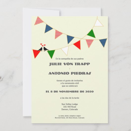 Bilingual US & Mexico Bunting Wedding Invitation Kaart (Achterkant)