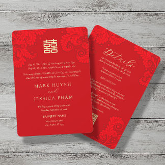 Bilingual Vietnamese English Red Floral Wedding Kaart