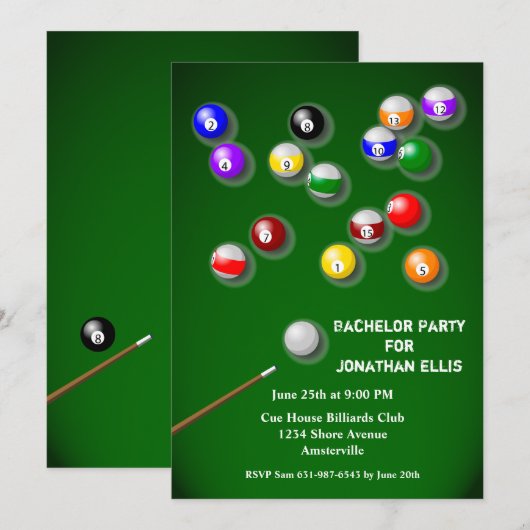 Biljart Bachelor Party Kaart (Voorkant / Achterkant)