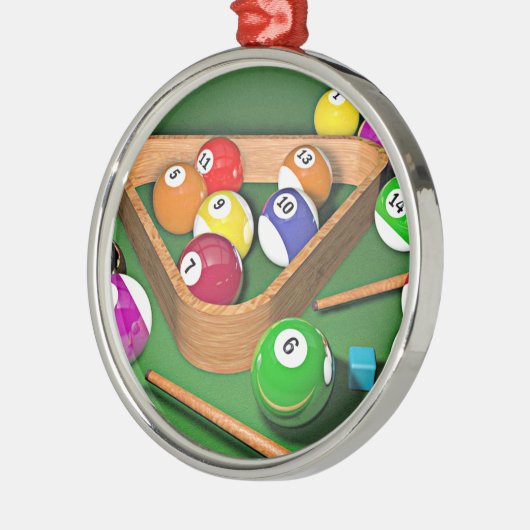Biljart, opstellen maar, kleurrijk ontwerp, metalen ornament (Links)