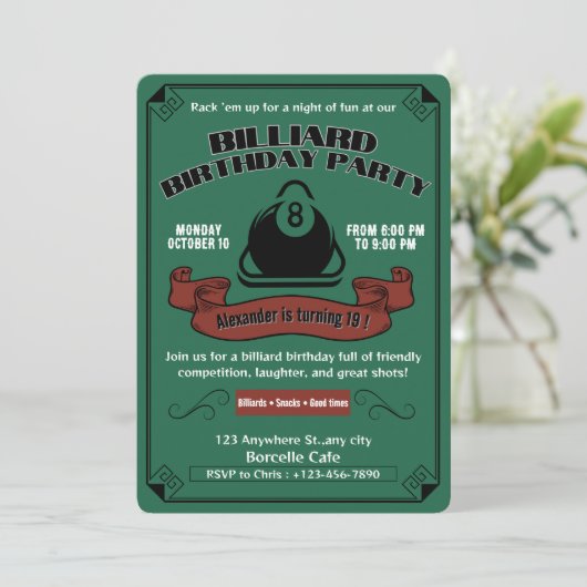  biljart verjaardagsfeestje zwembad thema groen kaart (Staand voorkant)