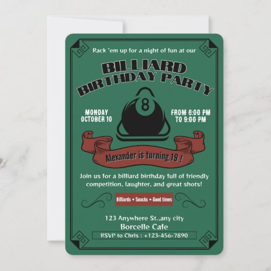  biljart verjaardagsfeestje zwembad thema groen kaart (Voorkant)