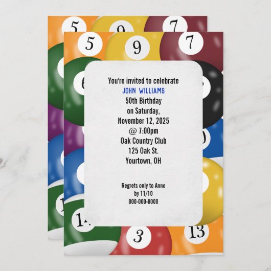 Biljart verjaardagsfeestthema kaart (Voorkant / Achterkant)