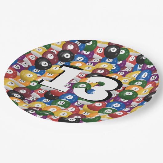 Biljartballen voor 13e verjaardag papieren bordje (Gekanteld)