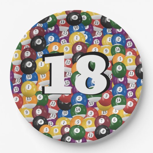Biljartballen voor 18e verjaardag papieren bordje (Voorkant)