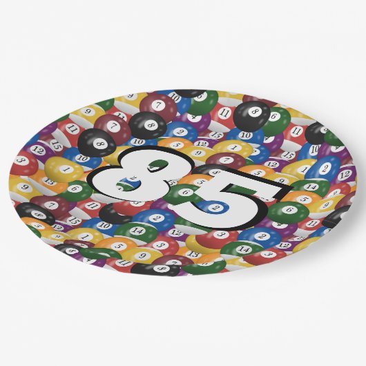 Biljartballen voor 85e verjaardag papieren bordje (Gekanteld)