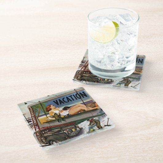 Billboard Painters in Winter van Stevan Dohanos Glazen Onderzetter (Schuin)