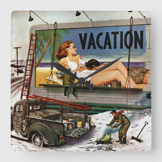 Billboard Painters in Winter van Stevan Dohanos Vierkante Klok (Voorkant)