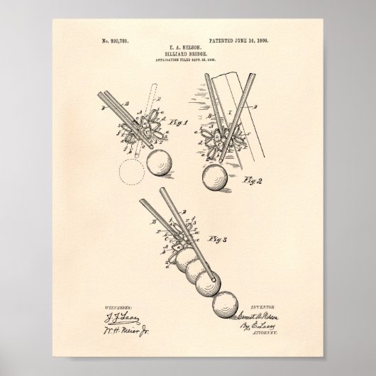 Billiard Bridge 1908 Patent Art - Old Peper Poster (Voorkant)