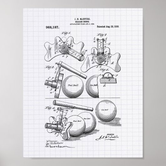 Billiard Bridge 1910 Patent Art - Lined Peper Poster (Voorkant)