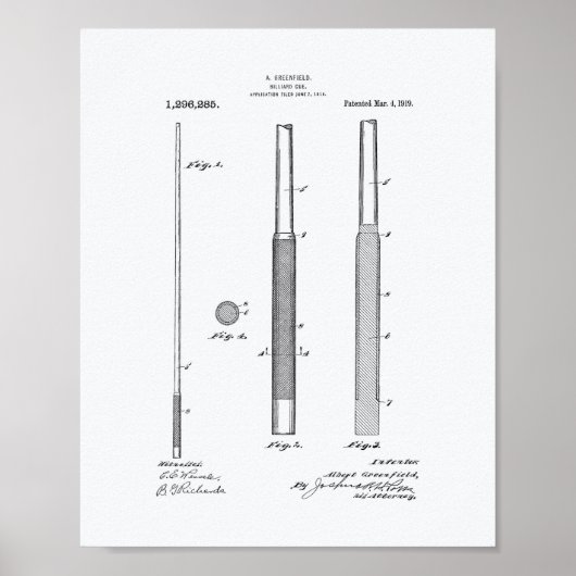 Billiard Cue 1919 Patent Art - Witboek Poster (Voorkant)