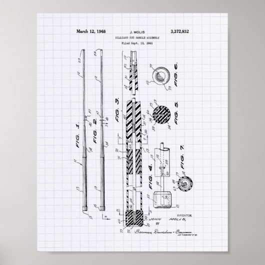 Billiard Cue Handle 1968 Patent Art - Lined Peper Poster (Voorkant)