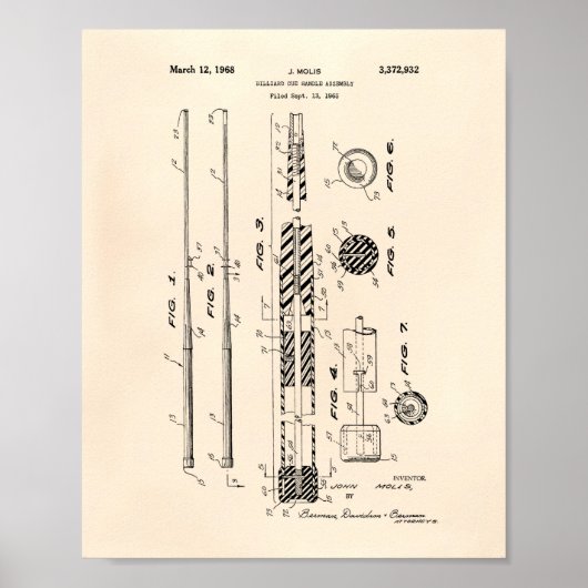 Billiard Cue Handle 1968 Patent Art - Old Peper Poster (Voorkant)