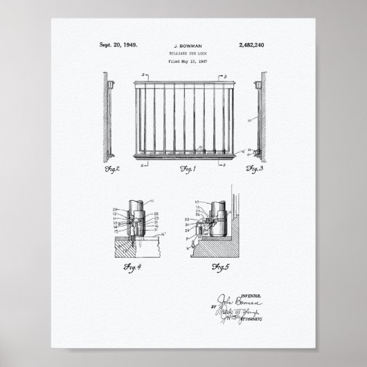 Billiard Cue Lock 1949 Patent Art - Witboek Poster (Voorkant)