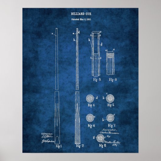Billiard Cue Patent Blueprint no. 4 Pool Room Art. Poster (Voorkant)