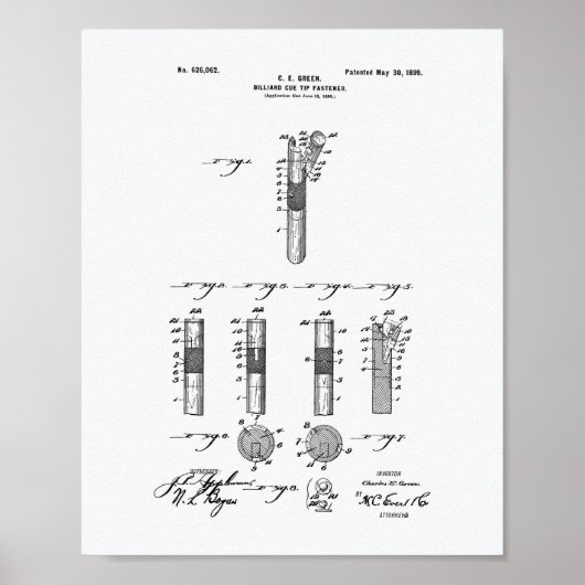 Billiard Cue Tip 1899 Patent Art - Witboek Poster (Voorkant)