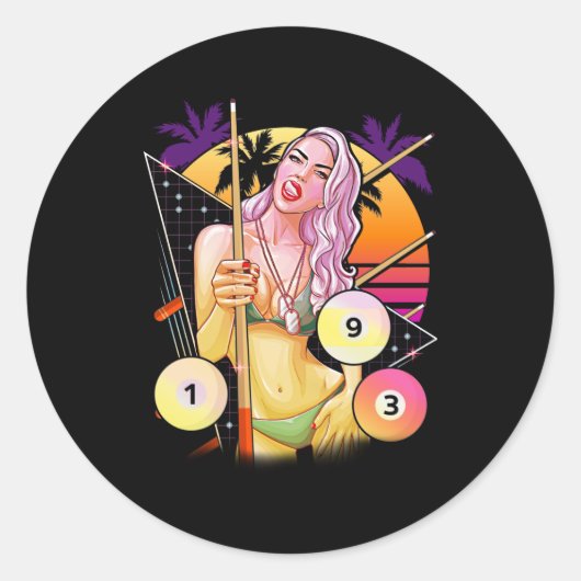 Billiard Girl Vaporwave 80-jaren 90 Snooker Pool Ronde Sticker (Voorkant)