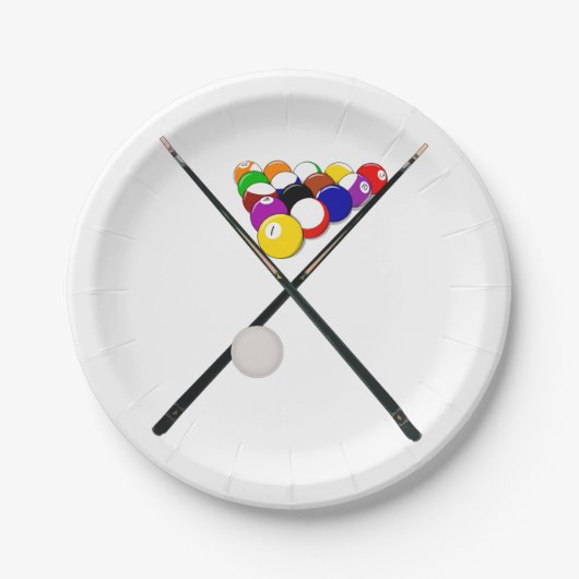Billiard Pool Balls en Cues Papieren Bordje (Voorkant)