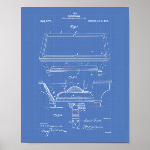 Billiard-tabel 1909 Patent Art - Blauwdruk Poster
