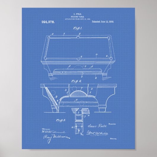 Billiard-tabel 1909 Patent Art - Blauwdruk Poster (Voorkant)