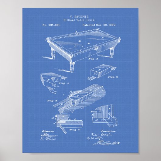 Billiard Table 1880 Patent Art Blueprint Poster (Voorkant)