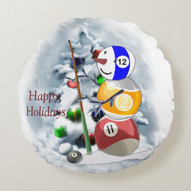Billiards Ball Snowman Kerstmis Rond Kussen (Voorkant)