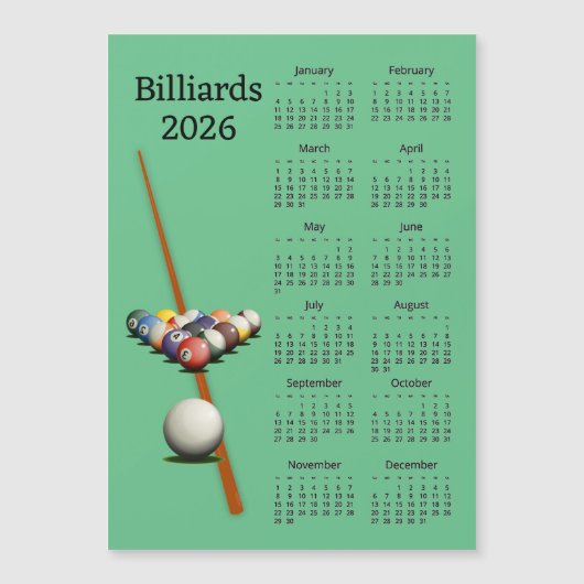 Billiards Pool 2026 Calendar Magnetic Card (Voorkant)