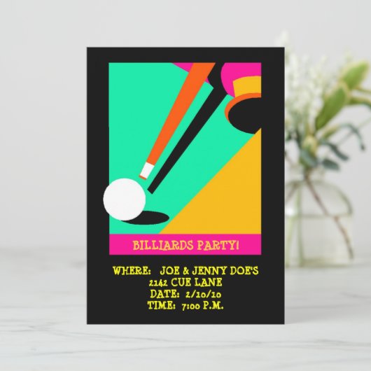 BILLIARDS ~ POOLPARTIJINVITATIE ~EZ OM AAN TE PASS KAART (Staand voorkant)