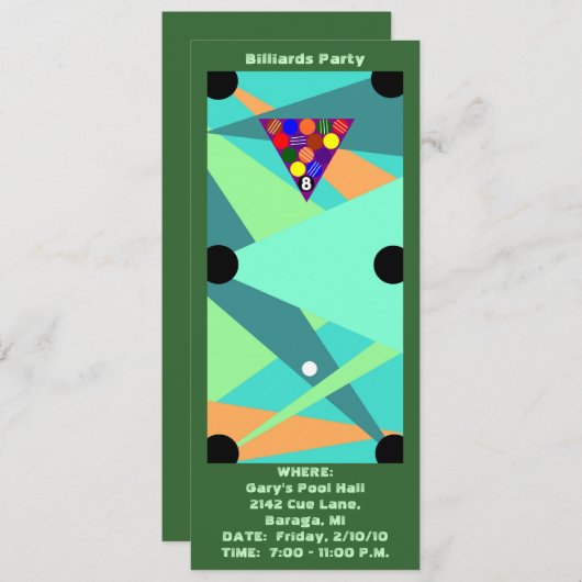 BILLIARDS ~ POOLPARTIJINVITATIE ~EZ OM AAN TE PASS KAART (Voorkant / Achterkant)