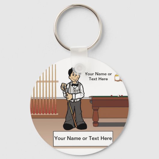 Billiards, poolspeler - Mannelijke Cartoon Sleutelhanger (Voorkant)