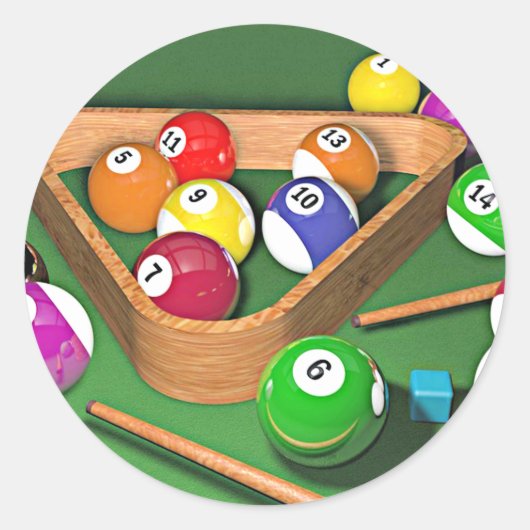 Billiards, rekken ze op, kleurrijk ontwerp, ronde sticker (Voorkant)