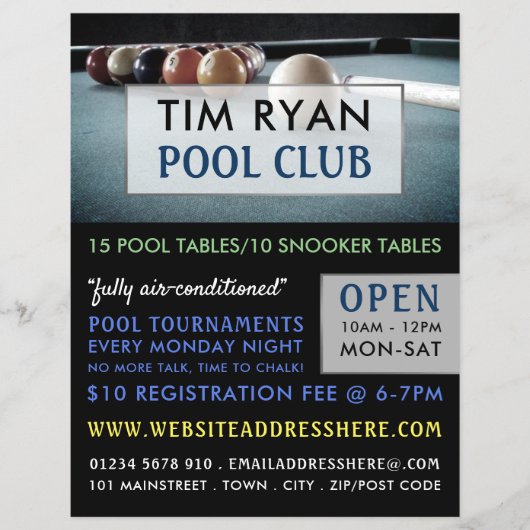 Billiards Table, Pool, Snooker Club Adverteren Flyer (Voorkant)