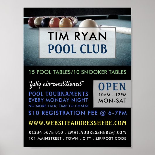 Billiards Table, Pool, Snooker Club Adverteren Poster (Voorkant)