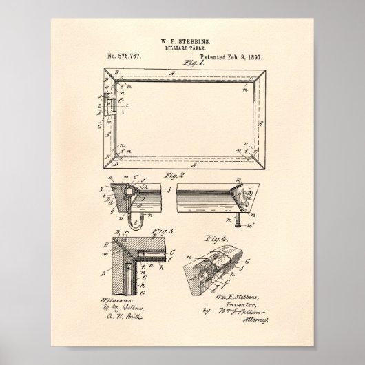 Billiardtabel 1897 Kunst voor octrooien - oude poo Poster (Voorkant)