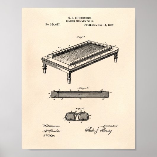 Billiardtafel 1887 Kunst van het octrooi - Oude Pe Poster (Voorkant)