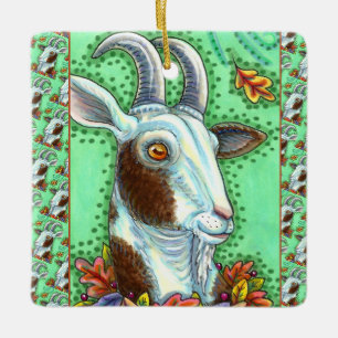 BILLY GOAT EN HERFSTBLADEREN, THANKSGIVING BOERDER KERAMISCH ORNAMENT