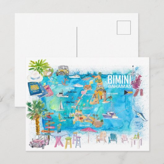 Bimini Bahamas Illustrated Map Briefkaart (Voorkant / Achterkant)