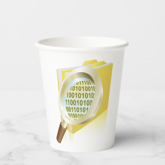 Binaire Data Vergrootglas Digitaal Bestand Zoeken Papieren Bekers (Voorkant)