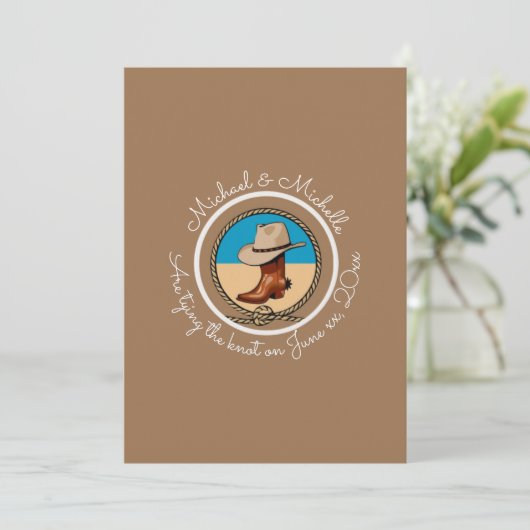 Bind de knoop Cowboy Wedding Invitation Feestdagenkaart (Staand voorkant)