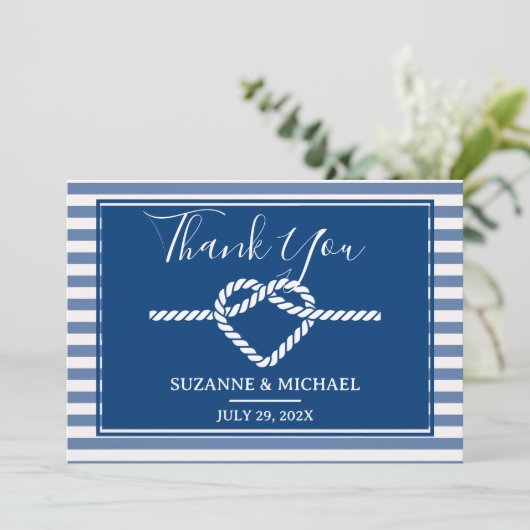 Bind de Knoop Nautische Strepen Marine Blauwe Huwe Bedankkaart (Staand voorkant)