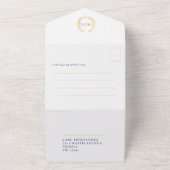 Bindblauwe witte gouden ovalisbladeren monogram fo all in one uitnodiging (Buitenkant)