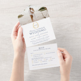 Bindblauwe witte gouden ovalisbladeren monogram fo all in one uitnodiging