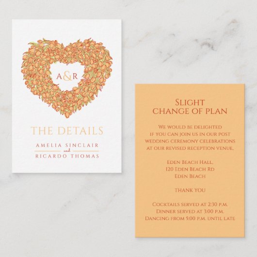 Binddetails oranje tulpen hartmonogram informatiekaartje (Voorkant / Achterkant)