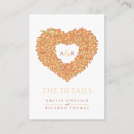 Binddetails oranje tulpen hartmonogram informatiekaartje (Voorkant)