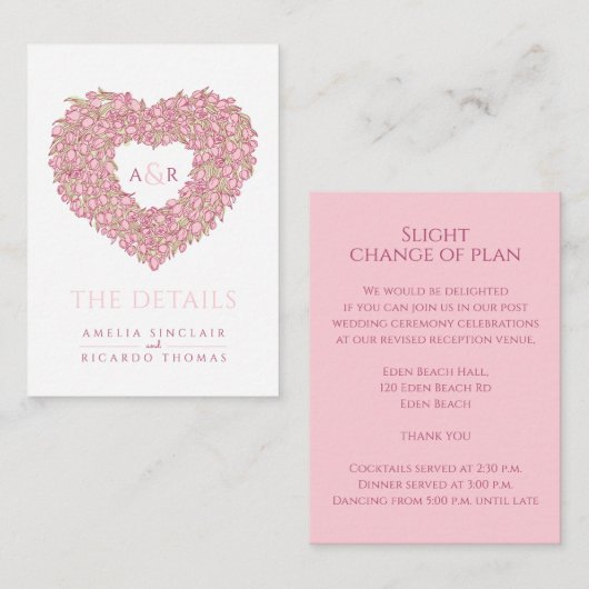 Binddetails roze tulpen hart bouquet monogram informatiekaartje (Voorkant / Achterkant)