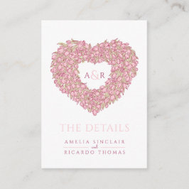 Binddetails roze tulpen hart bouquet monogram informatiekaartje